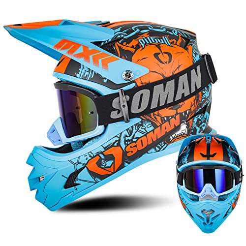 MTB Fullface Helm Motorrad Helm Motocross Helm Mit Brille DOT/ECE Zertifiziert Crosshelm für Erwachsene und Kinder Downhill Dirt Bike ATV BMX Quad Bike Schutzhelm (Blau-Orange, S-XXL)