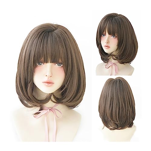 Perücke für Frauen Perücke, schwarz, natürlich, kurze Perücken, gerade Perücken mit Pony, braun, rosa, synthetisches Haar for Frauen, tägliches Cosplay, hitzebeständige Perücke Human Hair Wig(15.7inch