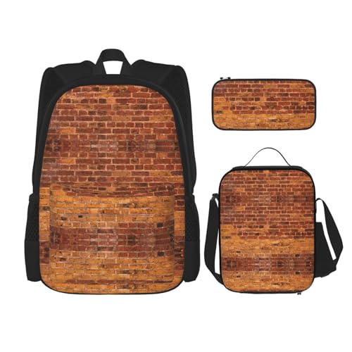 Industrieller Backsteinmauer-Hintergrund, Druck, 3-in-1-Sets, lässig, verstellbar, Schulter-Rucksack, Lunchtasche, Federmäppchen, Beutel, Schwarz, Einheitsgröße