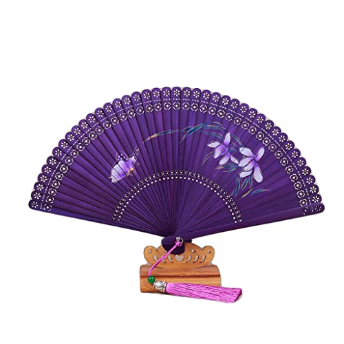 Dekorative Faltfächer, Faltbarer Handfächer für Frauen, Orchideenmuster, Bambus-Handfächer, chinesischer Vintage-Bambusfächer für Wanddekoration, Geschenk, Geschenk, Handfächer, Fächer (Farbe: Lila)