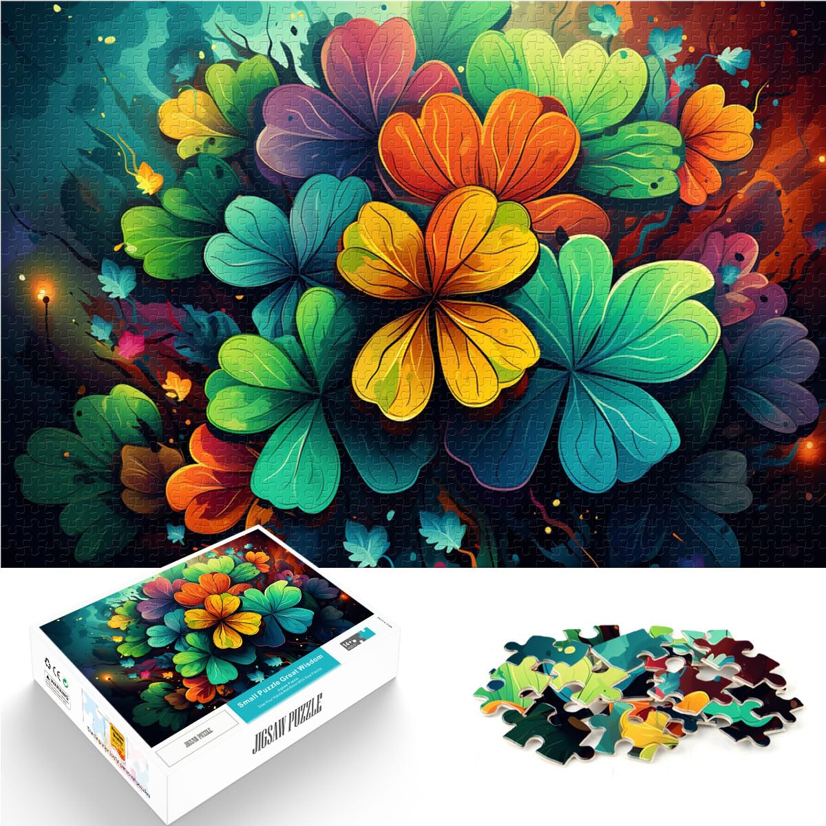 Puzzle für Puzzle, farbenfrohes psychedelisches Kleeblatt, 1000 Teile, Puzzle für Erwachsene, Holzpuzzle mit passendem Poster und Wissensblatt, 1000 Teile (50 x 75 cm)