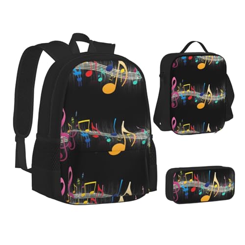 WURTON Farbenfrohes Rucksack-Lunchbox-Set mit Musiknoten-Druck, 3-in-1-Büchertasche und Federmäppchen, passende Kombination, Schwarz, Einheitsgröße