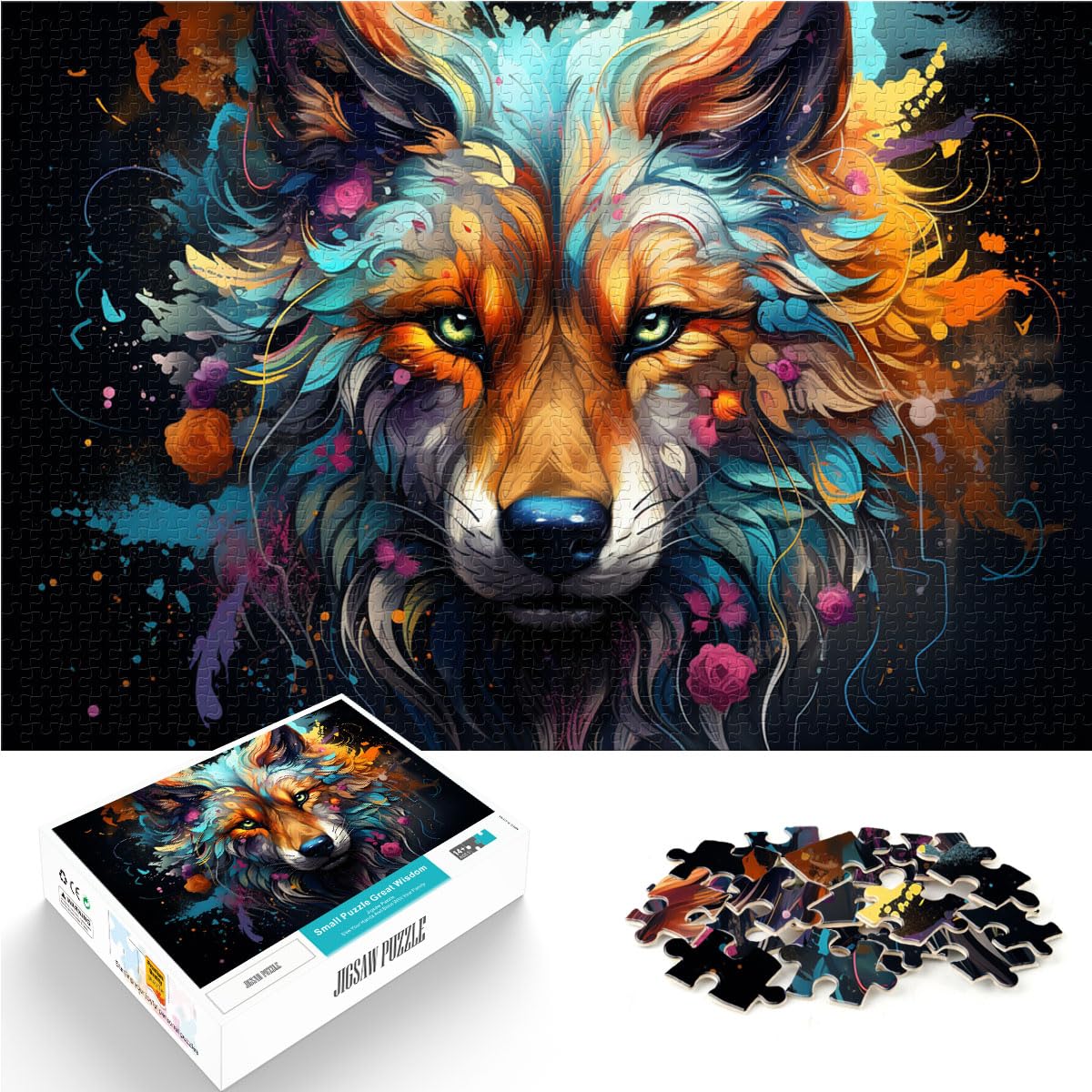 Puzzle, farbenfroher Psychedelischer Kunstwolf, 1000 Teile, Puzzle aus Holz, anspruchsvolles, unterhaltsames Spiel für die ganze Familie, 1000 Teile (50 x 75 cm)