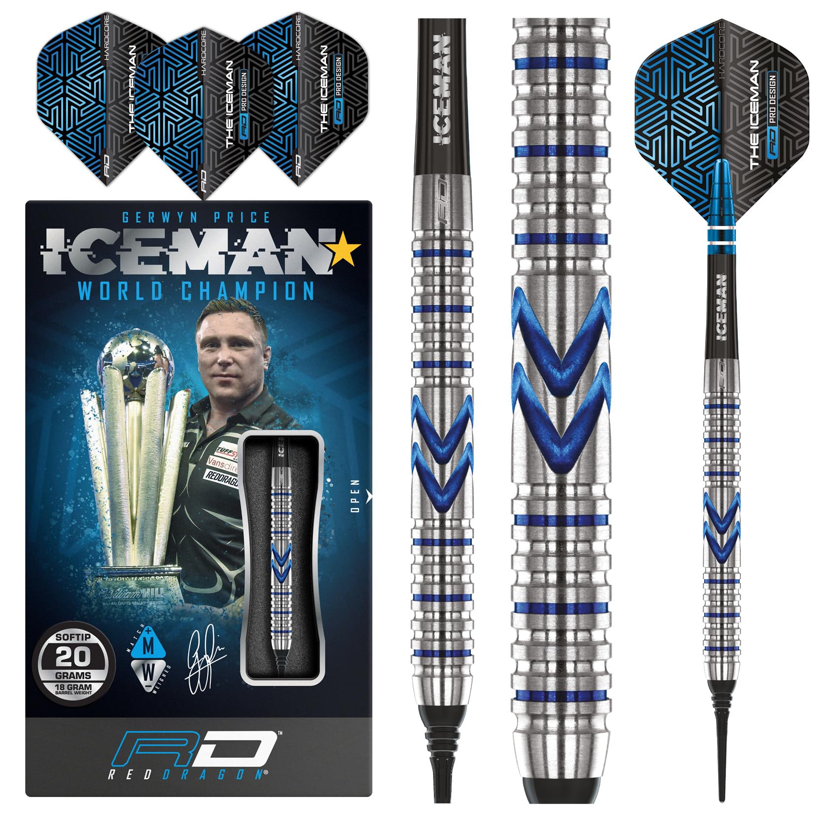 RED DRAGON Gerwyn Price Iceman Midnight Edition 20 Gramm Premium Wolfram Softip Dart Set mit Flüge und Schäften