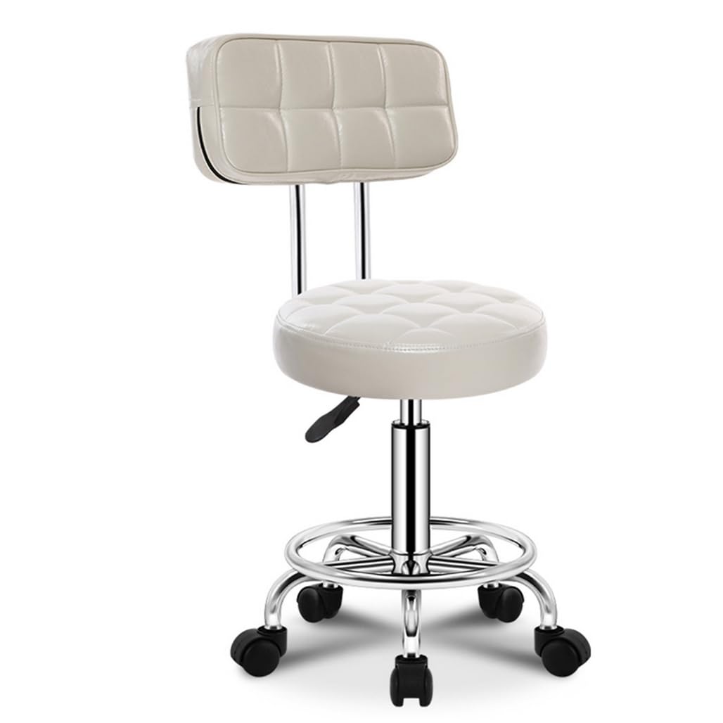 ZHOUXIAO Runde Rollinghocker Ottoman Stuhl Hocker mit Rädern, Arbeitshocker für Laden, Schwenksalonhocker Stuhl Verstellbar White