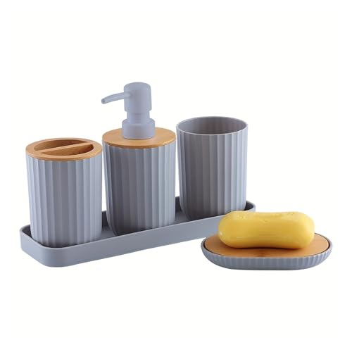 AMEEDA Badezimmer Set Badezimmer Zubehör Set Seife Spender Flasche Geschirr Waschraum Zahnbürste Halter Tasse Anzug Lotion Rack Zahnbürste Halter Rack 1set Badezimmer Set Akazie(Gray)