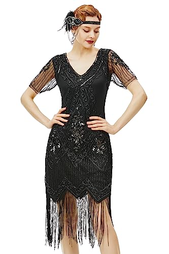 BABEYOND 1920er Art Deco Fransen Pailletten Kleid 20er Jahre Flapper Gatsby Kostüm Kleid - Schwarz - Medium