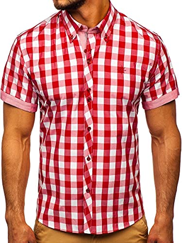 BOLF Herren Kurzarmhemd Kariert Freizeithemd Kurzärmliges Elegant Business Party Hemd Kentkragen Sommer Farbwahl Slim Fit Casual Style 6522 Rot M [2B2]