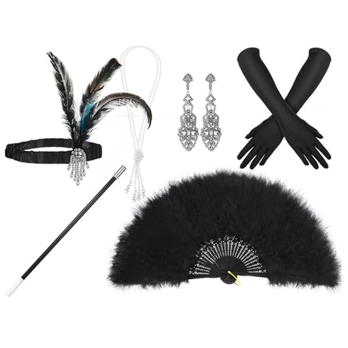 Aurgiarme 1920er Jahre Gatsbys Zubehör-Set für Damen, brüllende 20er-Jahre Zubehör, Flapper-Kostüm mit 20er-Jahre-Stirnband, Halskette, Handschuh, Ohrring, 1920er-Jahre-Kostüm-Zubehör-Set für Herren