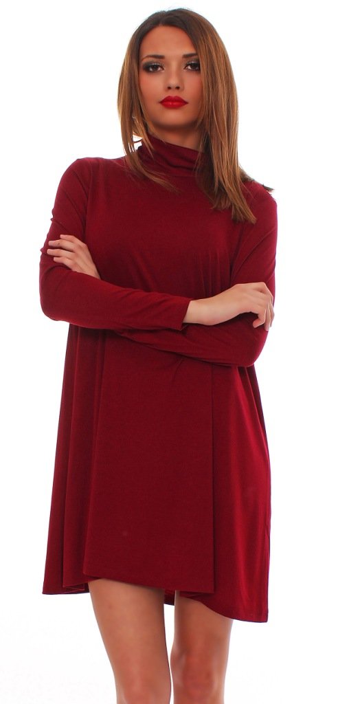 Mississhop Japan Style Tunika Longshirt Kleid Pulli Tunika Minikleid mit Rollkragen, Bordo, S / 36