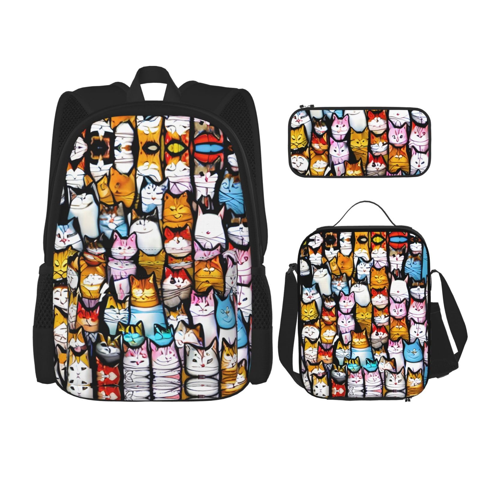 WURTON Viele Cartoon-Katzen Druck Reise Lunchbox Federmäppchen Rucksack Set 3 Stück Verstellbare Träger Leicht, Schwarz, Einheitsgröße