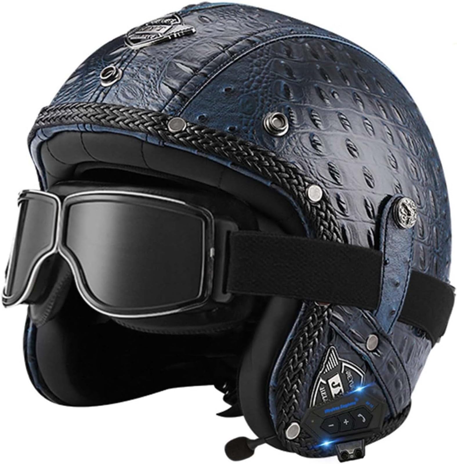 Offener Helm, Motorradhelm, Integrierter Bluetooth-Motorrad-Halbhelm, Retro-Vintage-Motor-Jet-Helm Mit Sonnenblende, Für Männer, Frauen, Erwachsene, DOT/ECE-Geprüft E,XXL63-64cm