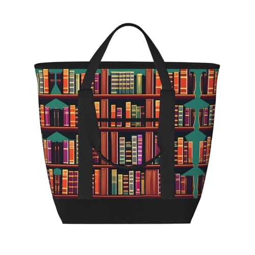 YQxwJL Isolierte Kühltasche mit Bibliotheks-Bücherregal-Druck, großes Fassungsvermögen, Einkaufstasche, Reisetasche, Strand, wiederverwendbare Einkaufstasche für Erwachsene, Schwarz, Einheitsgröße