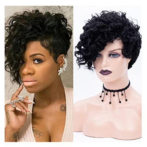 XIUWOUG Short Curly Wigs for Black Women Pixie Cut Wig Short Black Wavy Wigs Layered Short Human Hair Wigs for Black Women,Schwarz