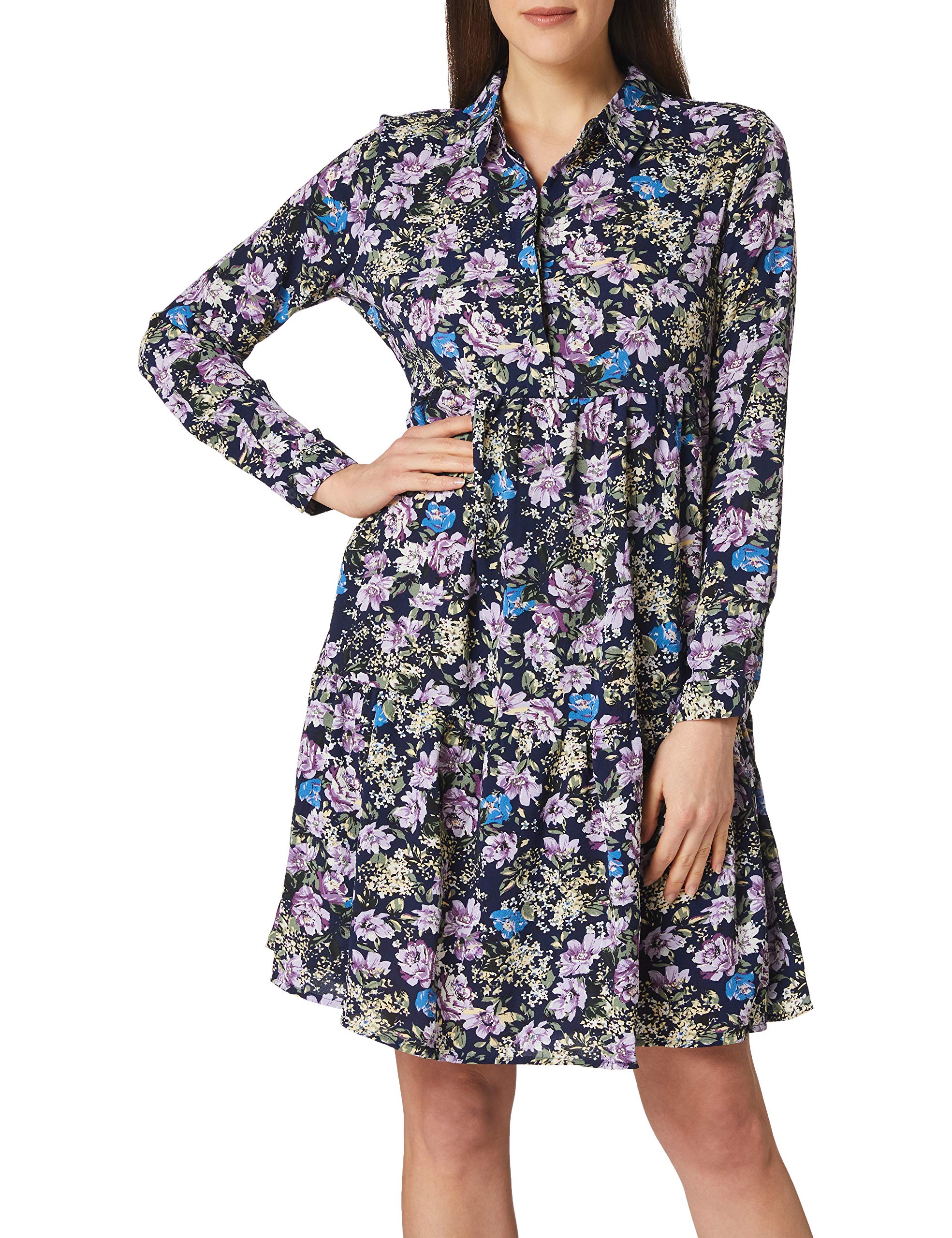 JDY Damen JDYPIPER L/S Shirt Dress WVN NOOS Kleid, Black Iris/AOP:Purple & Parisian Blue Flowers, 40