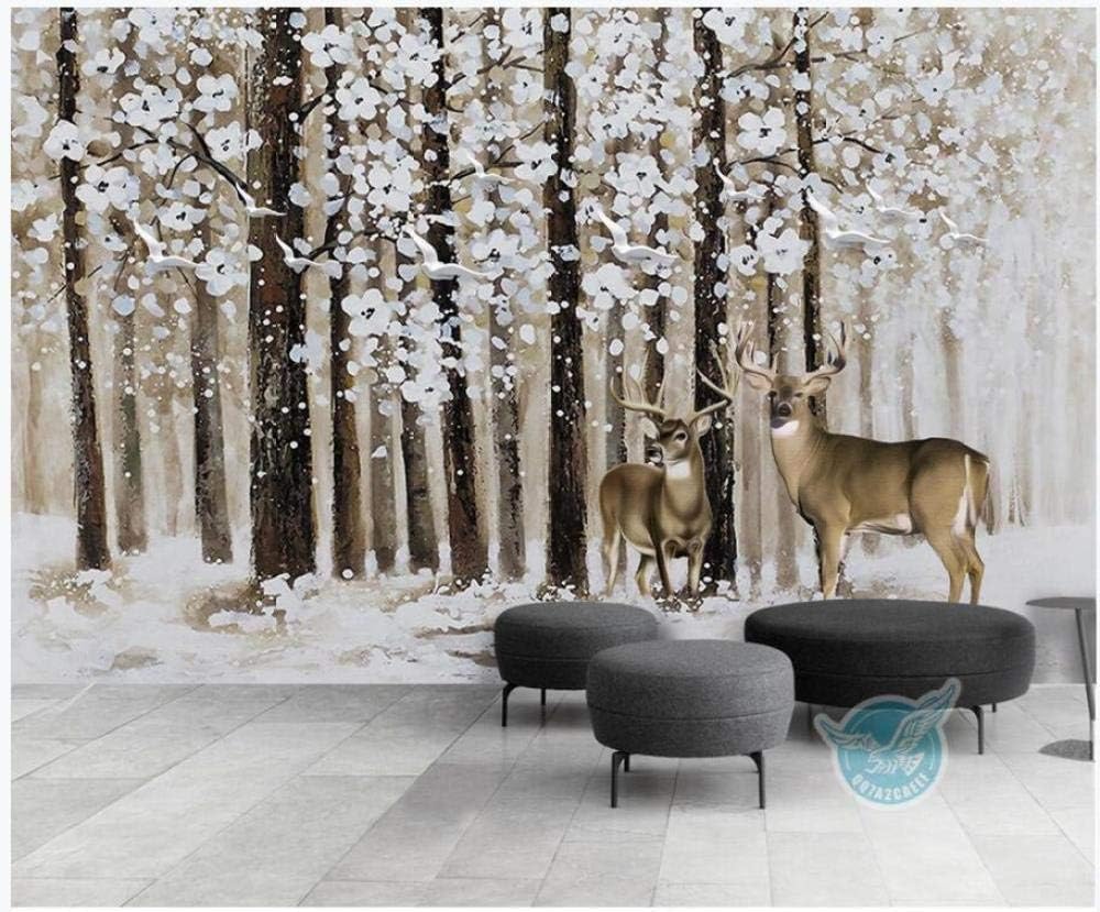 Wald Schnee Szene Vögel Hirsche 3D Tapete Poster Restaurant Schlafzimmer Wohnzimmer Sofa TV Dekorative Wand-250cm×170cm