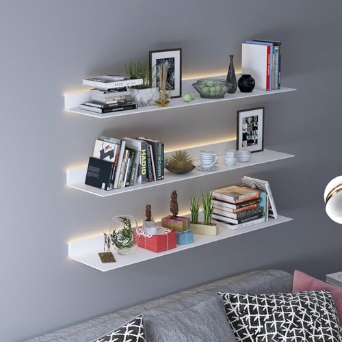 Schwebendes Bücherregal aus Metall mit integriertem beleuchtetem LED-Licht, modernes Lackregal zur Wandmontage, schwebender Aufbewahrungs-/Heimdekor-Organizer, Beleuchtungsregal für gewerbli