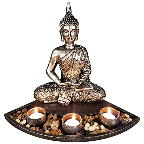 Uziqueif Buddha Figur groß Deko Set mit Kerzenleuchter - Teelichthalter Dekofigur inklusive Deko-Steinen zur Meditation (Enthält Keine Kerzen und Weihrauch)