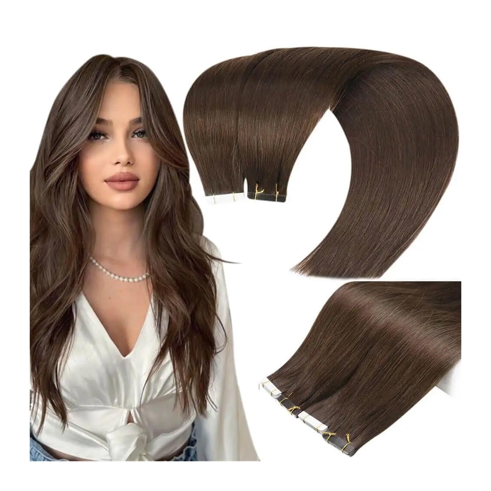 Haar-Tape-Extensions 14–24 Zoll Echthaar, dunkelbraun, 100% brasilianisches Echthaar, Remy-Tape-in-Extensions, 25 g/Packung, 10 Stück, gerade, nahtlose Hauteinschlag-Tape-Haarverlängerungen Unsichtba