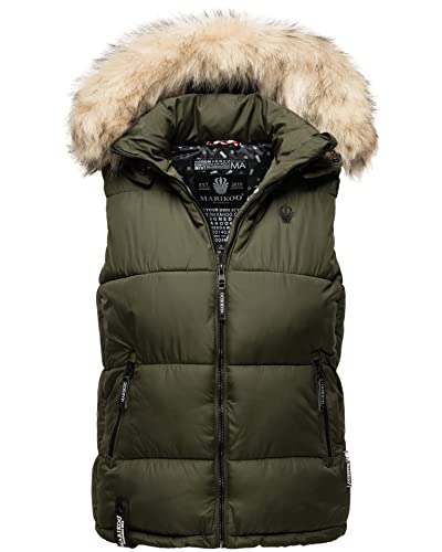 MARIKOO Damen Winter Weste Steppweste mit Kapuze und Fellkragen B896 [B896-Eisflöckchen-Olive-Gr.S]