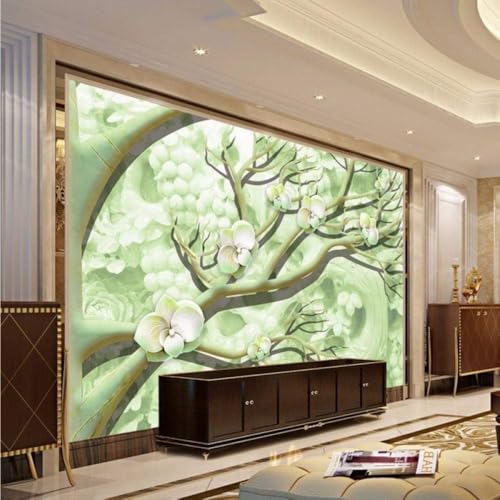 Grüne Jadeschnitzerei Weiße Blumen 3D Tapete Poster Restaurant Schlafzimmer Wohnzimmer Sofa TV Dekorative Wand-300cm×210cm