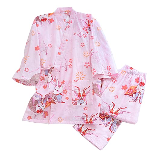 Fancy Pumpkin Damen Kimono Robe Yukata Bademantel Pyjama Anzug [Rosa Beten Kaninchen, Größe L]