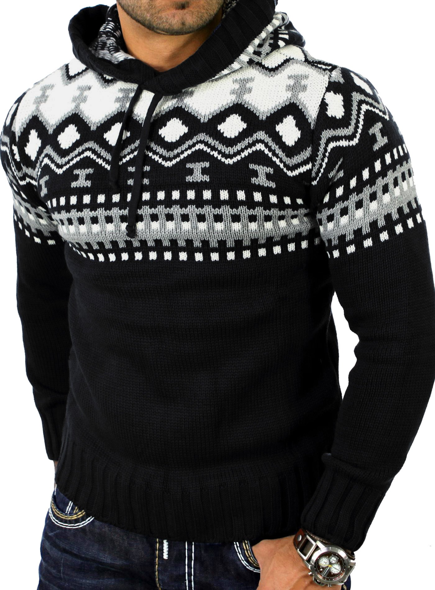 Reslad Herren Grobstrick Pullover Norweger Winter Kapuzenpullover RS-3013 Schwarz L