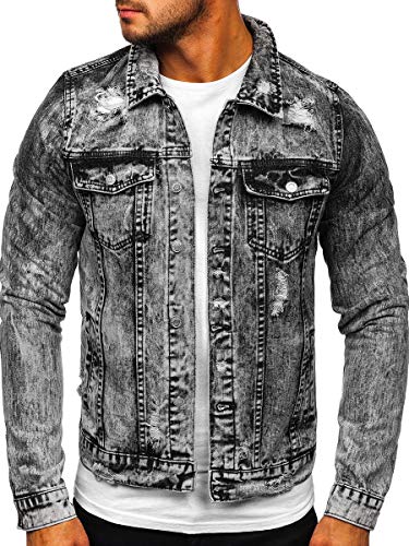 BOLF Herren Übergangsjacke Jeansjacke Trucker Jacket Sherpa Jacke Denim Vintage Classic M.SARA Grau M [4D4]