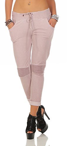 Mississhop 223 Damen Hose Freizeithose Stoffhose Boyfriend Sweatpants im Biker Look mit Bahnendesign am Knie Tunnelzug One Size S M L 36 38 40 Rosa