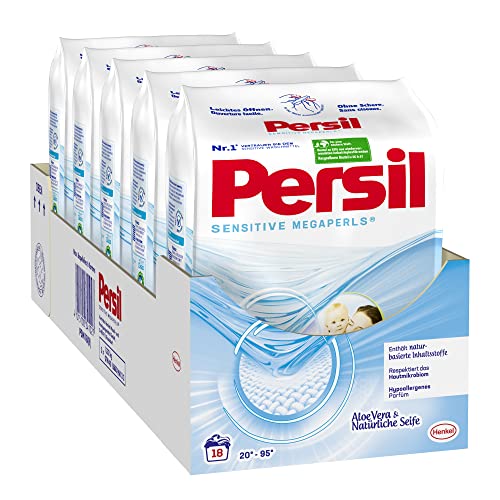 Persil Sensitive Megaperls, Vollwaschmittel, 90 (5 x 18) Waschladungen für Allergiker und Babies, hautfreundlich