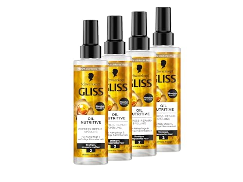 Gliss Express-Repair-Spülung Oil Nutritive (4x 200 ml), Haarspülung nährt strohiges, strapaziertes Haar, Pflegespülung mit Hitzeschutz bis zu 230 °C