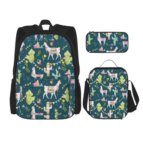 WURTON Schulrucksack, Motiv: Lama, Alpaka, tropischer Kaktus, 3-in-1, Büchertaschen-Set mit Lunchbox, Federmäppchen, Reise-Laptop, Tagesrucksäcke, Schwarz , Einheitsgröße