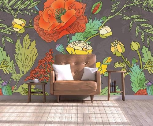 Orangefarbene Blüten Grüne Blätter 3D Tapete Poster Restaurant Schlafzimmer Wohnzimmer Sofa TV Dekorative Wand-150cm×105cm