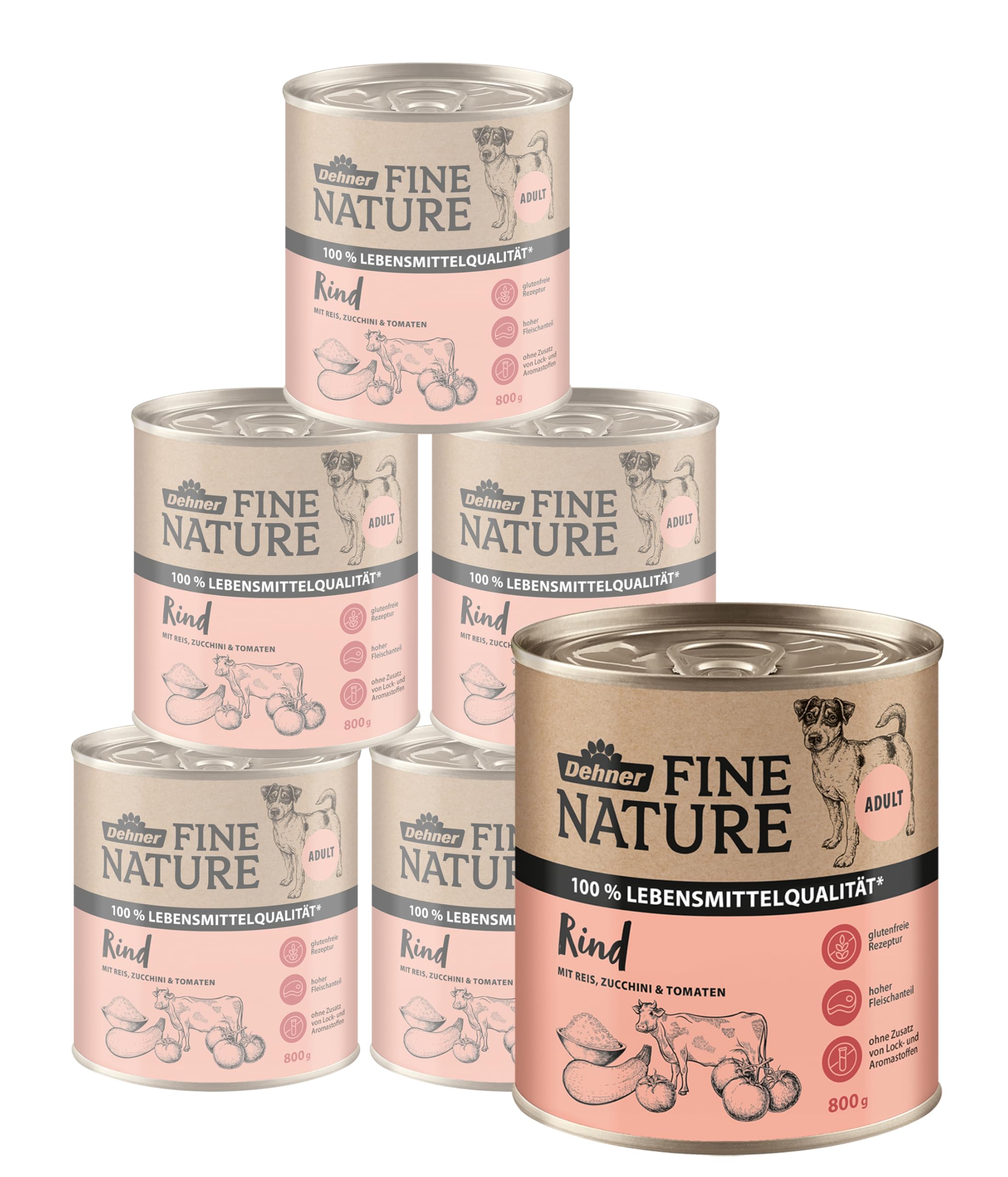 Dehner Fine Nature Hundefutter, Nassfutter in Lebensmittelqualität, für ausgewachsene Hunde, Rind, 6 x 800 g Dose (4.8 kg)