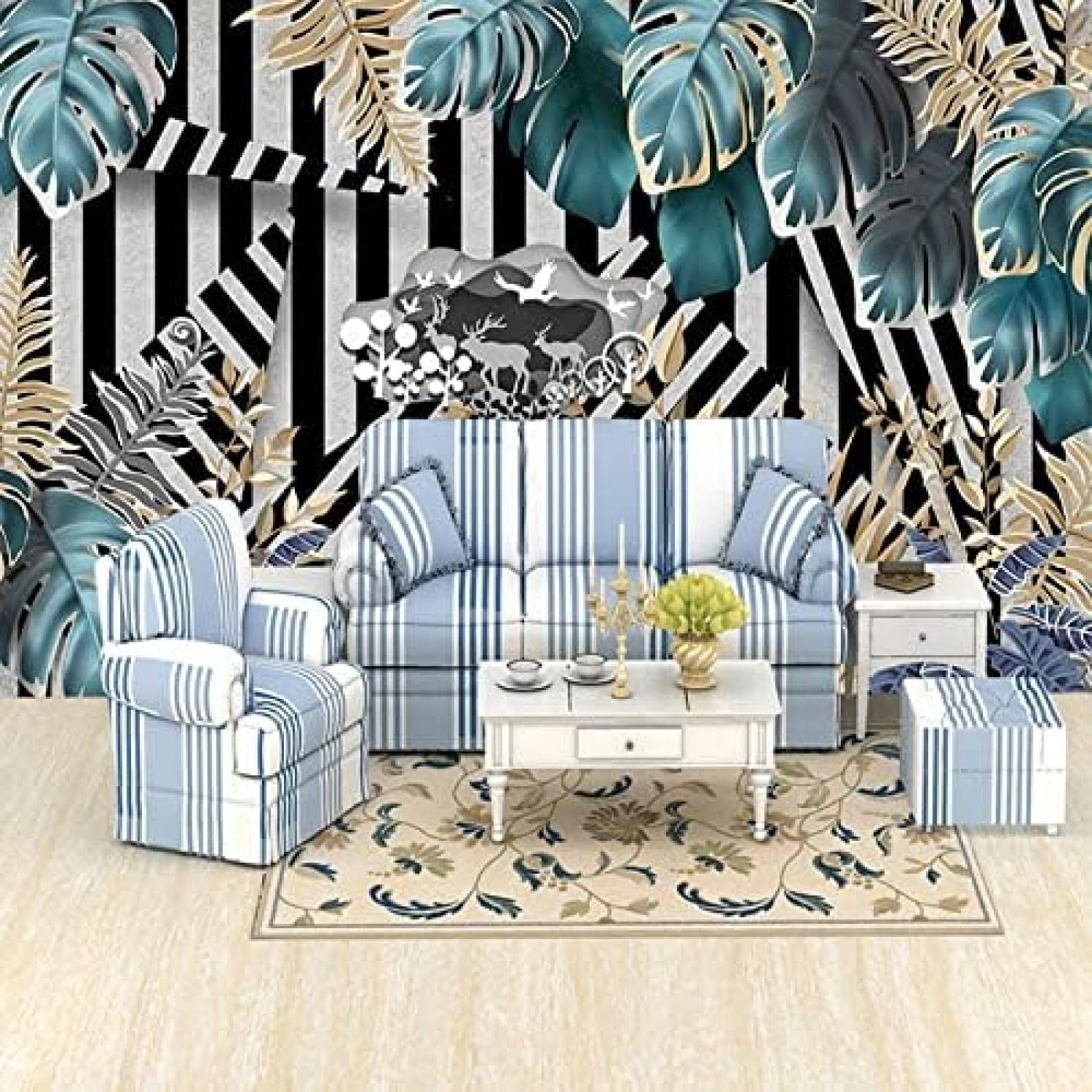 XLMING Botanisches Blattmuster Geometrische Streifen In Schwarz Und Weiß 3D Tapete Wohnzimmer Sofa Schlafzimmer Esszimmer Home Dekoration Wand-150cm×105cm