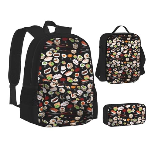 WURTON Büchertasche mit weihnachtlichem Magie-Aufdruck, Lunch-Tasche, Federmäppchen, 3-in-1, Schulrucksack-Set, Kinderrucksack, Japanisches Sushi schwarz, Einheitsgröße