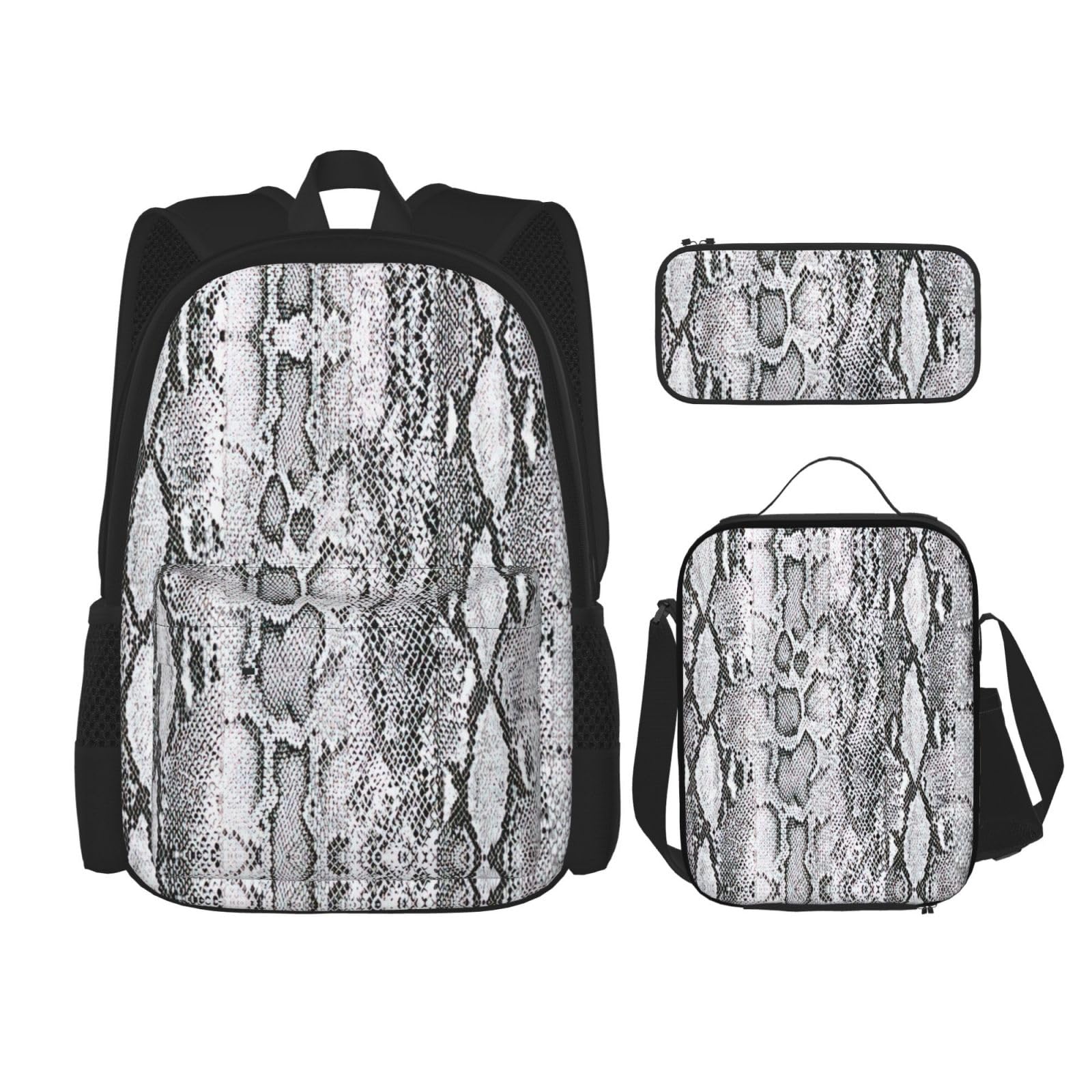 WURTON 3-in-1 Büchertaschen-Set, Schlangenhaut-Motiv, verstellbarer Schulter-Rucksack, Lunch-Tasche, Federmäppchen, Beutel, Box, Schwarz, Einheitsgröße