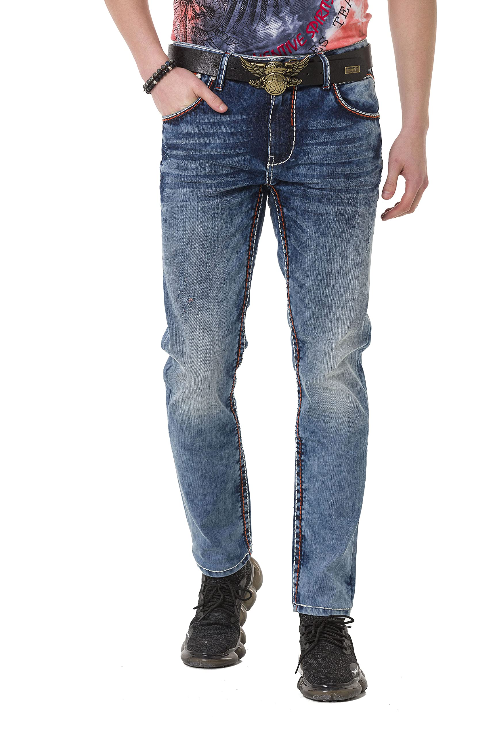 Cipo & Baxx Herren Jeanshose Denim Pants Casual Straight Fit mit kontrastfarbenen Nähten CD729 Blau W34 L32