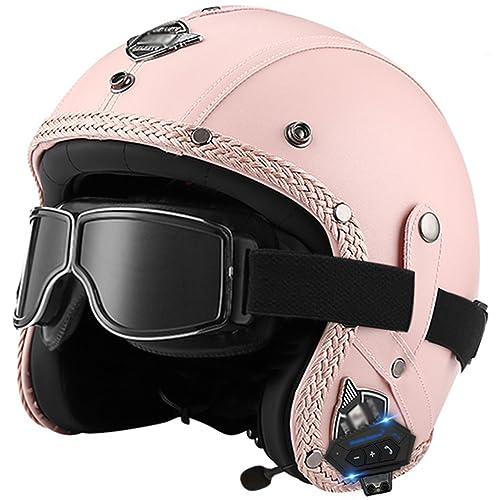 Motorradhelm Leder Bluetooth Jethelm Retro Style Motorrad Open Face 3/4 Halbhelme mit Brille für Chopper Scooter Cruiser, Motorrad Helm ECE Zertifizierung Herren Damen Vintage Vespa Helm