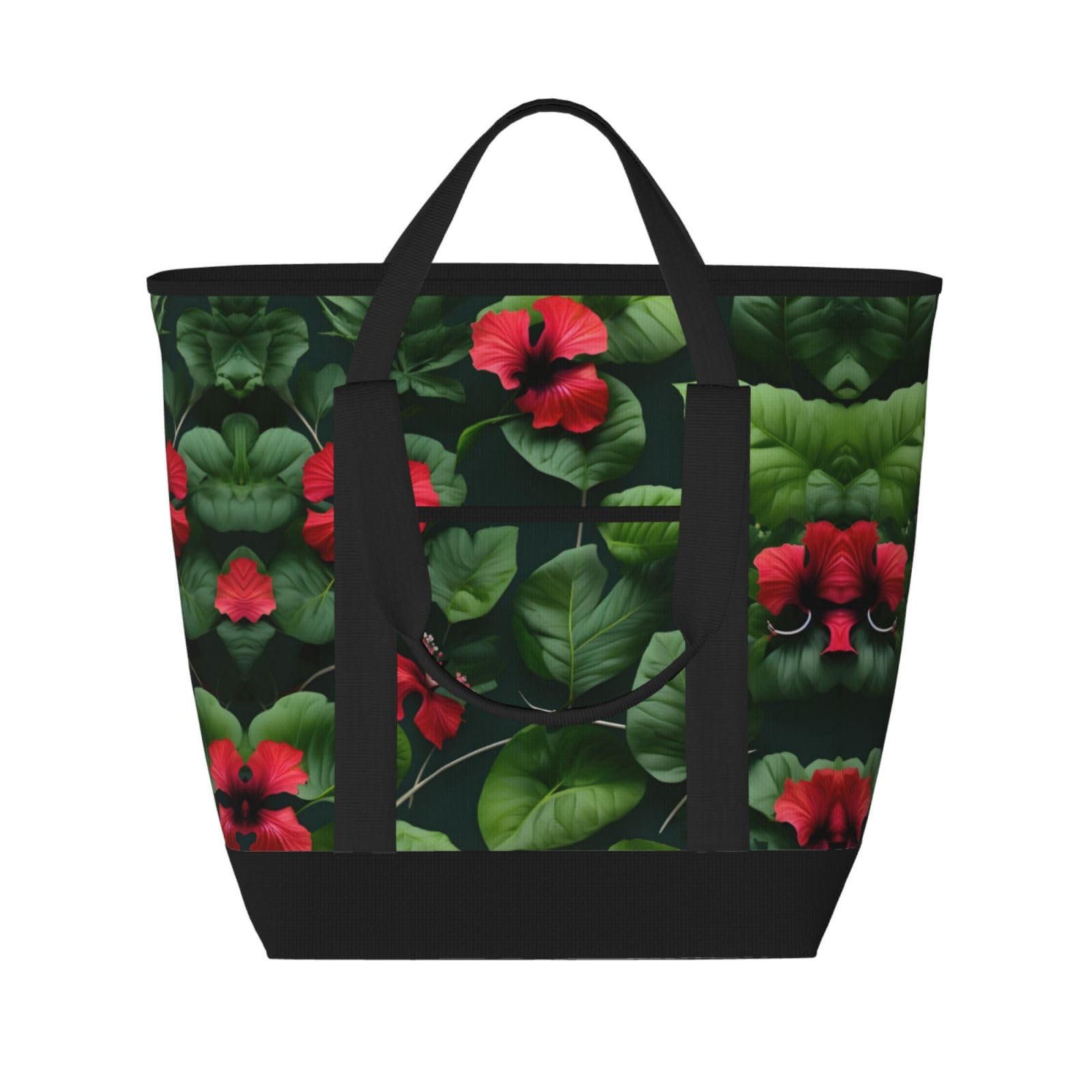 YQxwJL Isolierte Kühltasche mit Vegetationsblättern und Hibiskusblüten, großes Fassungsvermögen, Einkaufstasche, Reisetasche, Strand, wiederverwendbare Einkaufstasche für Erwachsene, Schwarz,