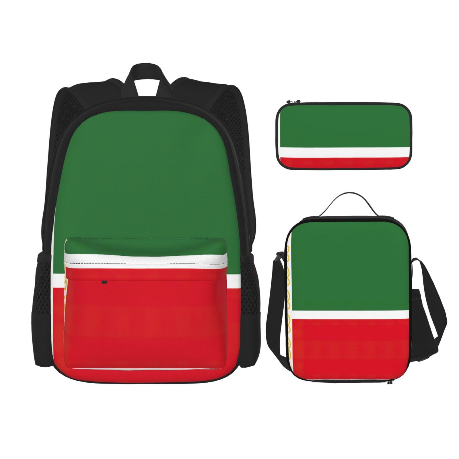 WURTON Rucksack-Set mit verstellbarer Schulterriemen, Motiv: Flagge der Tschetschenischen Republik, Lunch-Tasche, Federmäppchen, Kombinationstaschen-Set