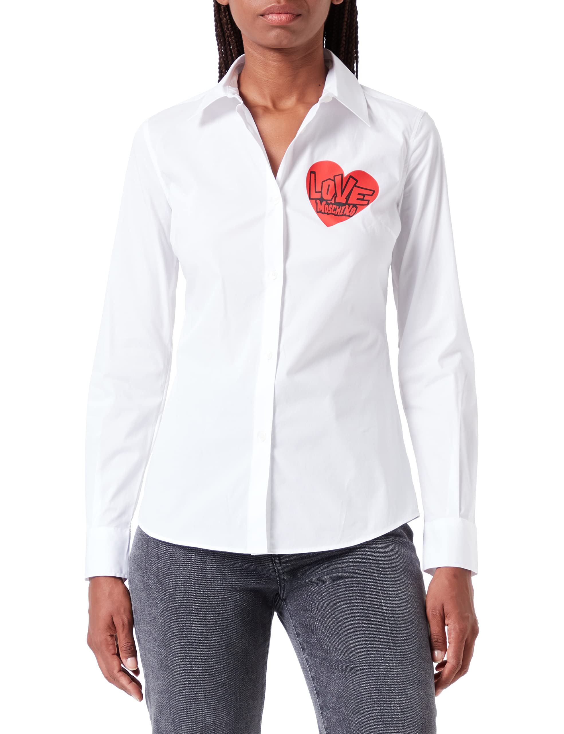 Love Moschino Damen Slim Fit Long Sleeves With Red Heart Print. Shirt, Optical White, 46 EU