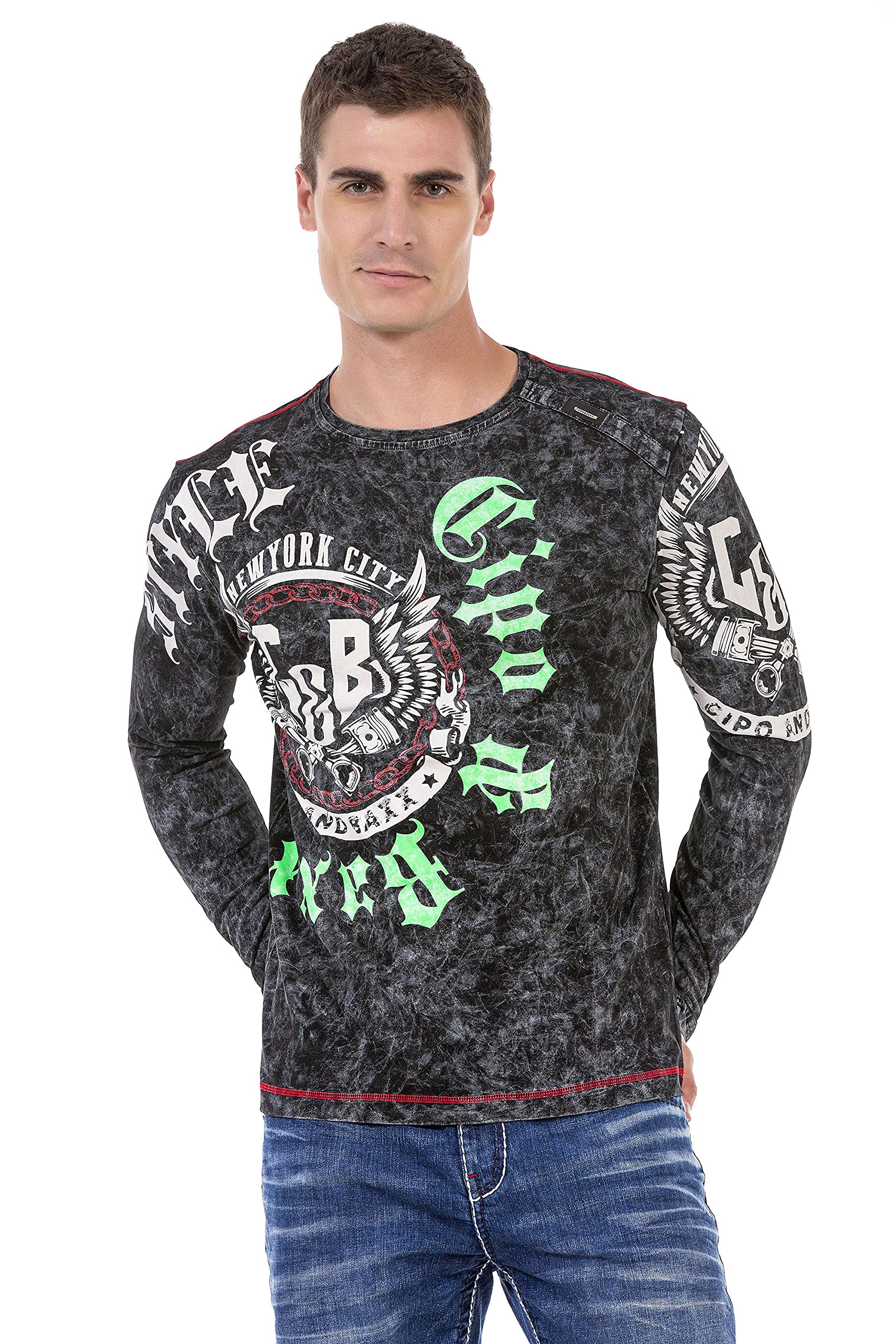 Cipo & Baxx Herren Longshirt Longsleeve Print Rundhalsausschnitt Shirt Langarm Sweater CL476 Schwarz S