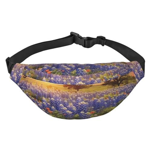 Strapazierfähige und leichte Gürteltasche mit Holzmaserung, wasserabweisendes Polyesterfasermaterial, Texas Bluebonnets Landschaft, Einheitsgröße