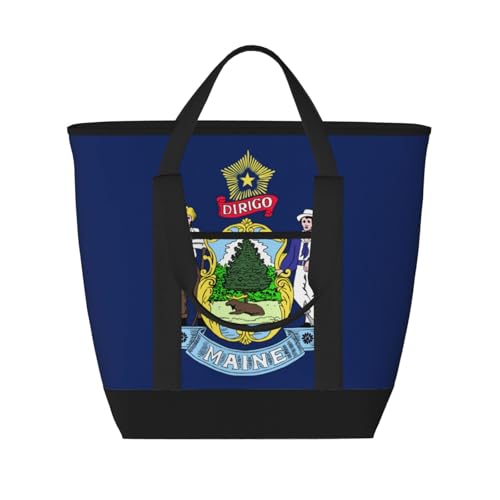 YQxwJL Isolierte Kühltasche mit Maine State Flagge, großes Fassungsvermögen, Einkaufstasche, Reisen, Strand, wiederverwendbare Einkaufstasche für Erwachsene, Schwarz, Einheitsgröße