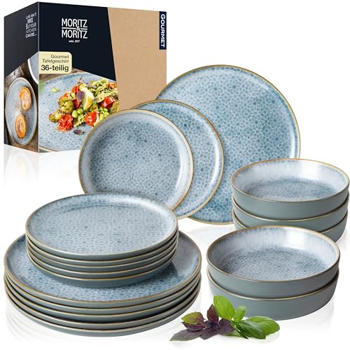 Moritz & Moritz TERRA 36-tlg Geschirrset 12 Personen – Teller Set in strahlendem Blau aus hochwertigem Porzellan – Geschirr Set 12 Personen aus je 12x Speiseteller, Dessertteller und Schalen