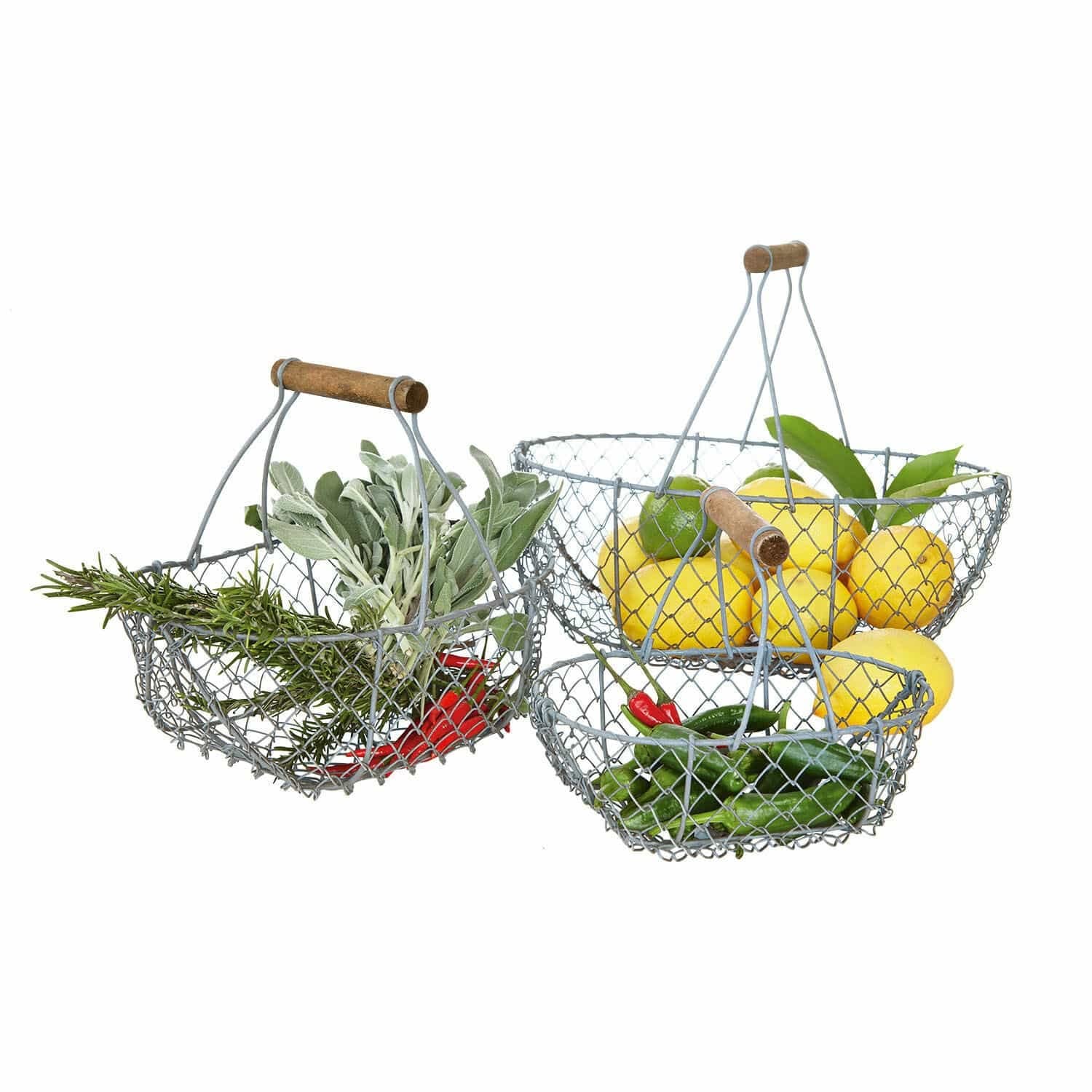 Loberon Drahtkorb 3er Set Baker, DREI Größen, Aufbewahrung, Obstkorb, Gemüsekorb, Gartenhelfer, Gartenzubehör, Stahl, Mangoholz, grau/braun