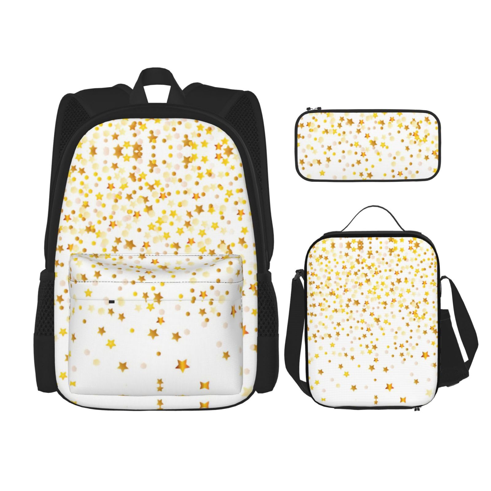 WURTON Sparsed Dreamy Stars And Spots Print Trendy Backpack Bags Lunch Box And Pencil Case 3 In 1 Adjustable Backpack Set, Black, One Size, Schwarz , Einheitsgröße