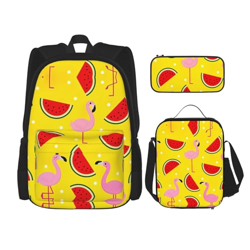 WURTON Schulrucksack-Set mit pinkem Flamingo und Wassermelonen-Aufdruck, 3-in-1 Büchertasche-Set mit Lunchbox, Federmäppchen, Reise, Laptop, Tagesrucksack