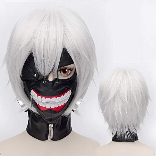 LINLINCD-Tokyo Ghoul Kaneki Ken Perücke Kurze gerade gerade silbergraue synthetische Haare Cosplay Anime Perücken Hitzebeständigkeit Faser + Haarnetz Einheitsgröße wie das Bild